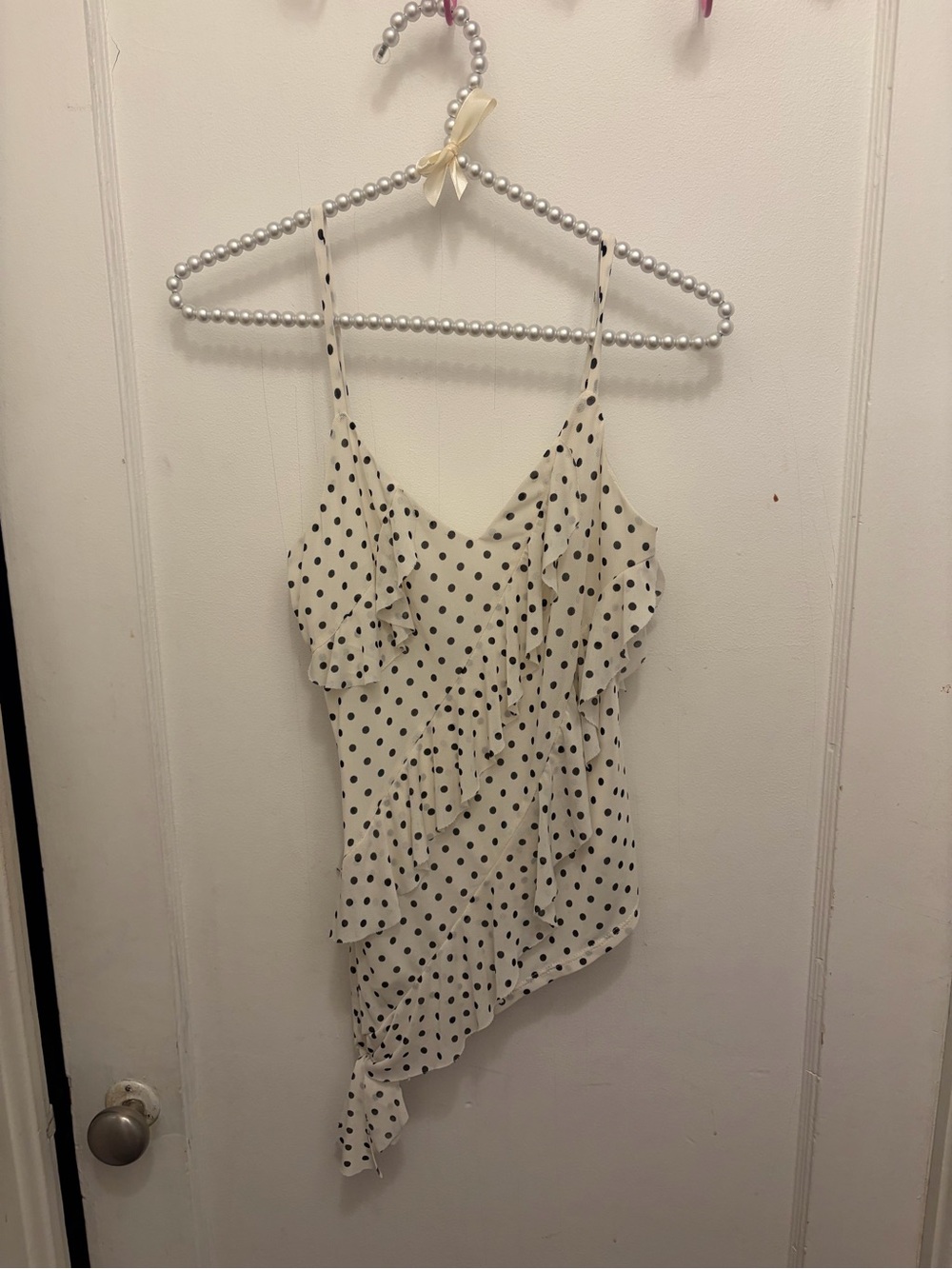 Polka Dot Ruffle Asymmetrical Cami Top - Cream with Black Dots